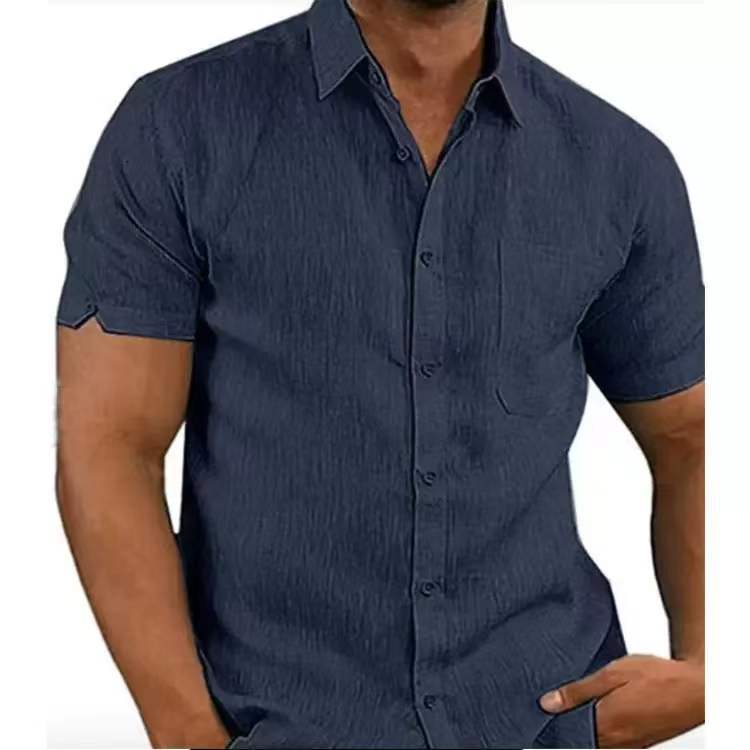 Men's Shirt With Solid Color Lapel And Short Sleeves