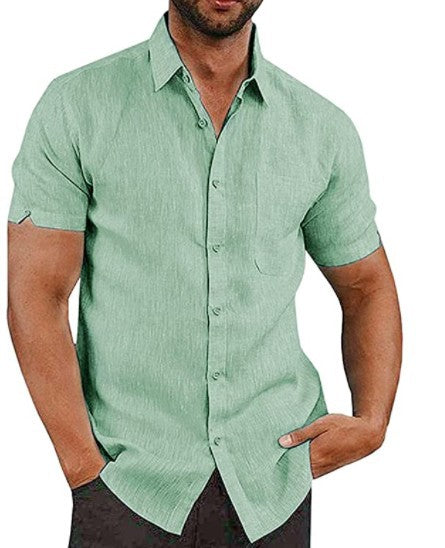 Men's Shirt With Solid Color Lapel And Short Sleeves