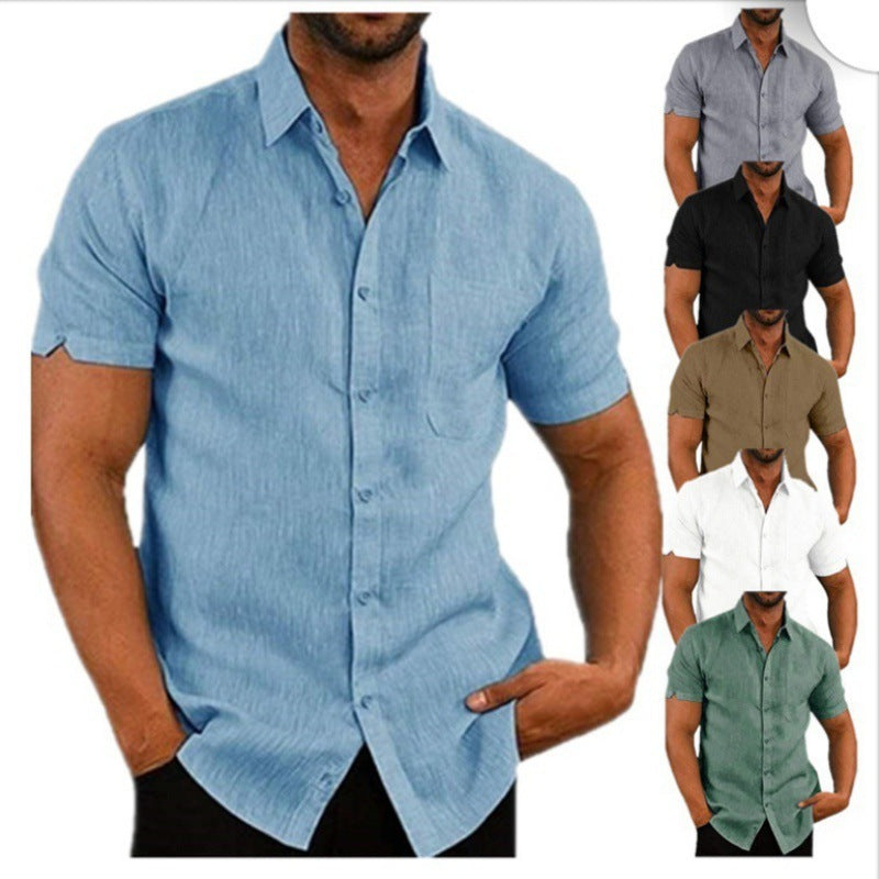 Men's Shirt With Solid Color Lapel And Short Sleeves