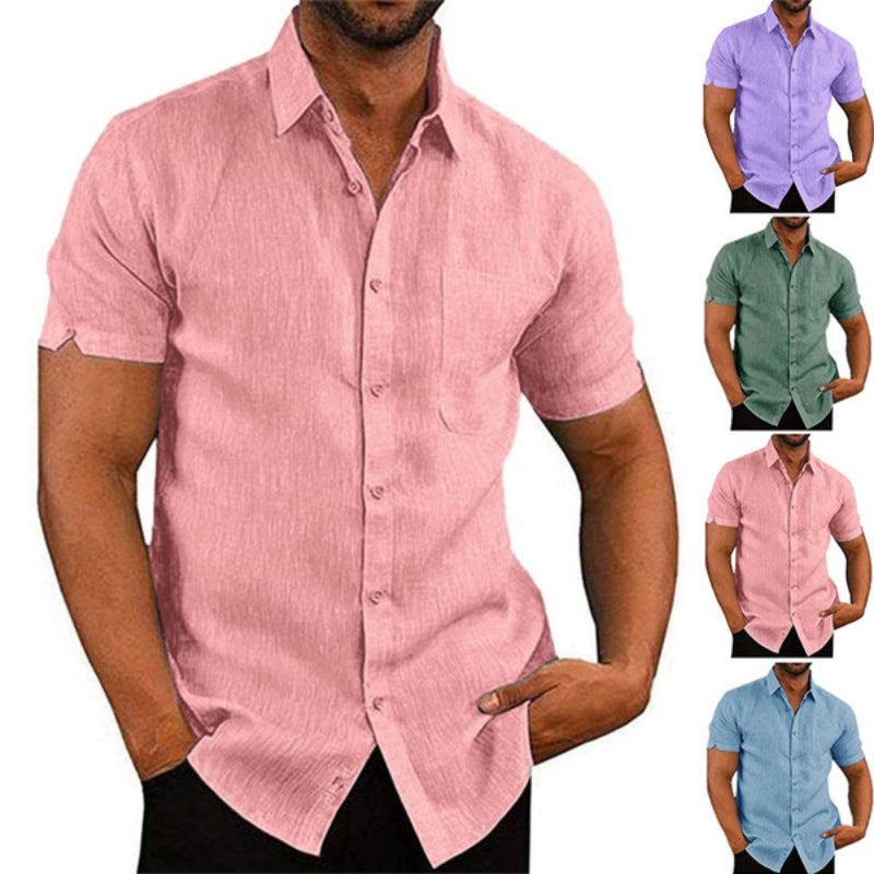 Men's Shirt With Solid Color Lapel And Short Sleeves