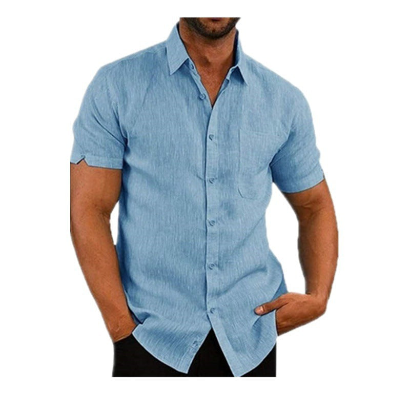 Men's Shirt With Solid Color Lapel And Short Sleeves