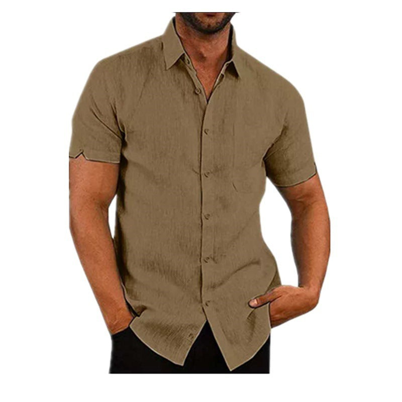 Men's Shirt With Solid Color Lapel And Short Sleeves