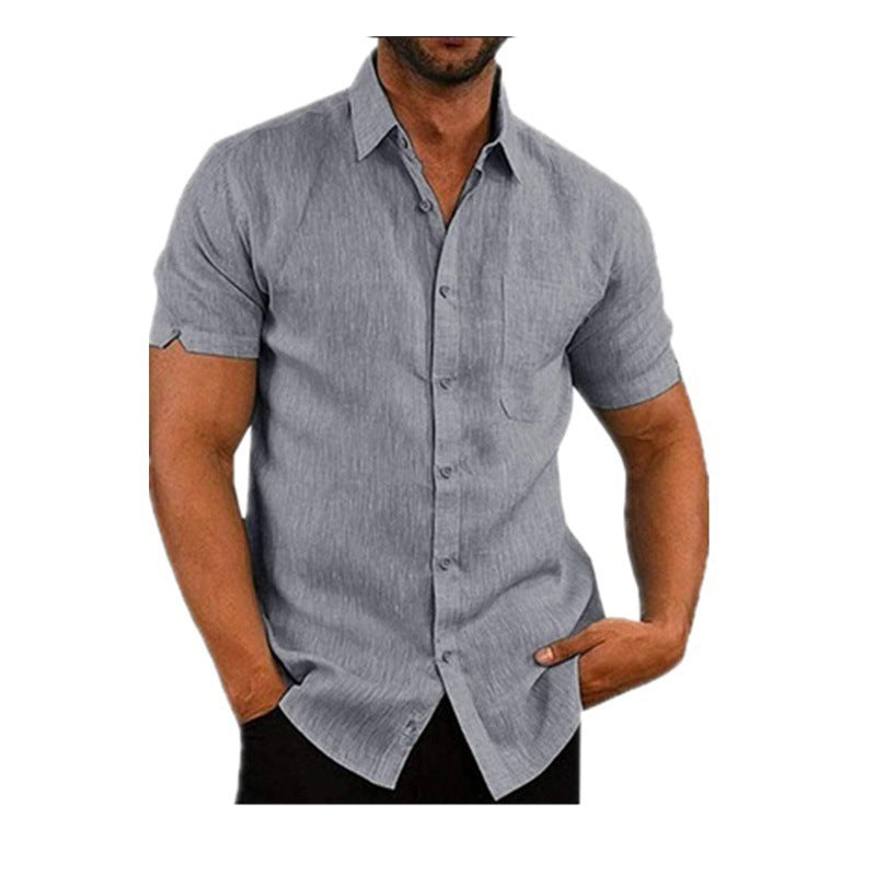Men's Shirt With Solid Color Lapel And Short Sleeves