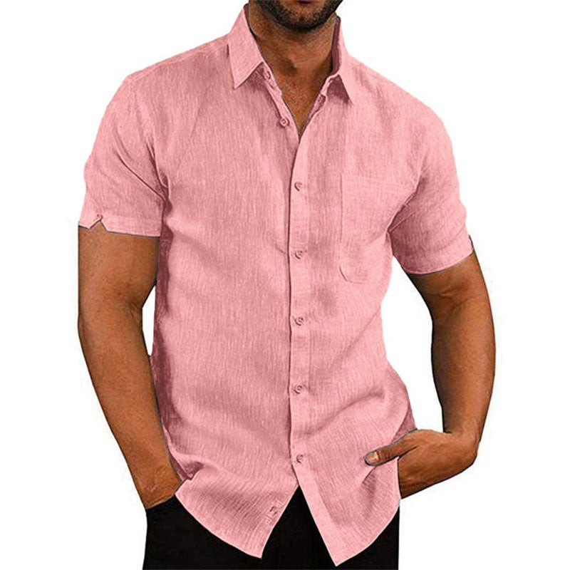 Men's Shirt With Solid Color Lapel And Short Sleeves