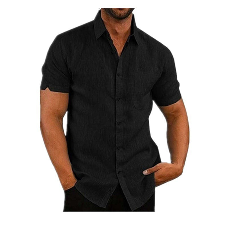 Men's Shirt With Solid Color Lapel And Short Sleeves