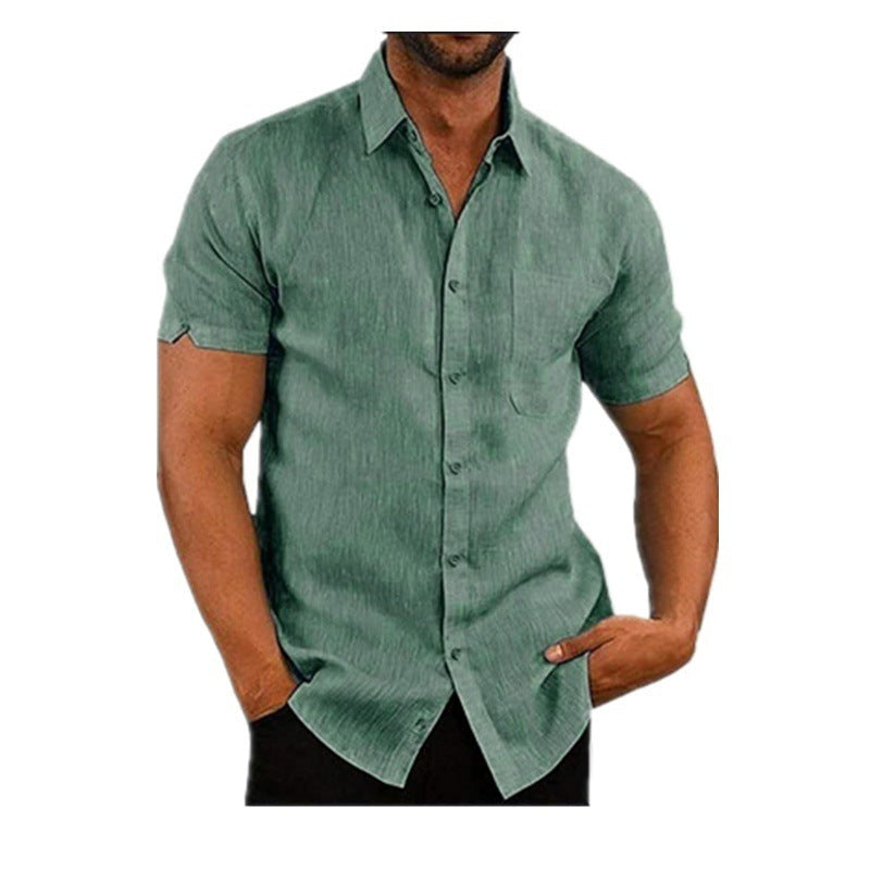 Men's Shirt With Solid Color Lapel And Short Sleeves