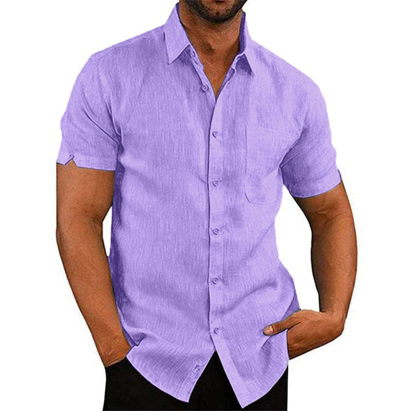 Men's Shirt With Solid Color Lapel And Short Sleeves