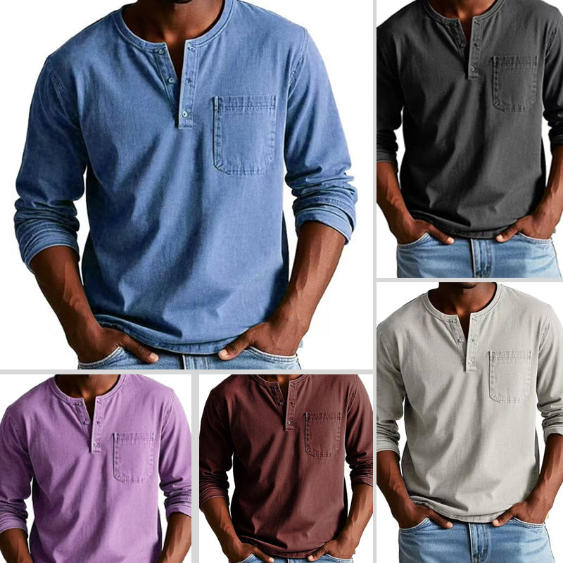 Men's Fashion Retro Distressed Pocket Design Long Sleeve Shirt
